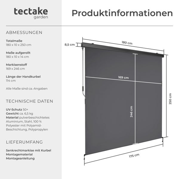 Senkrechtmarkise tectake Eloise inkl. Wandhaltern verschiedene Größen schwarz