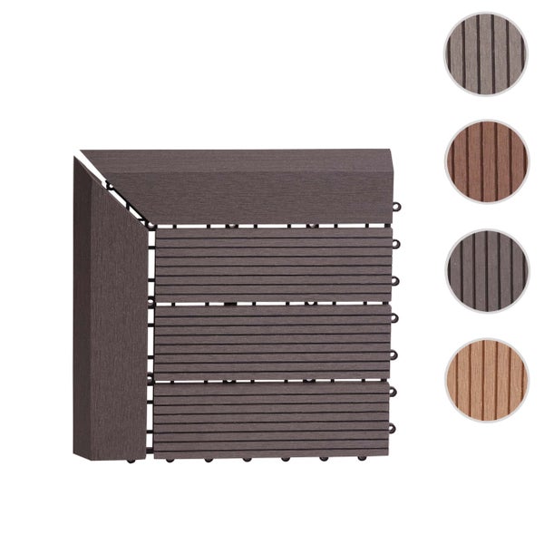Klickfliese Eckstück und Kantenabschluss aus Holz-Kunststoff-Verbundwerkstoff mit geriffelter Oberfläche für Terrasse und Balkon.