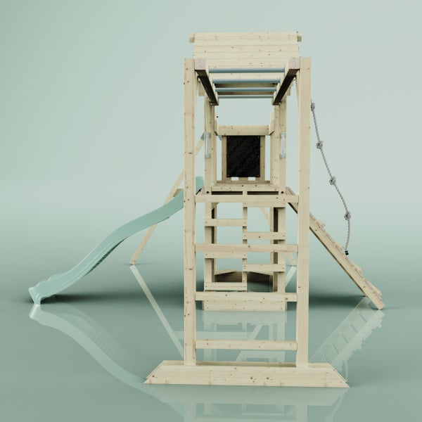 Spielturm aus Holz mit Rutsche, Kletterwand und Strickleiter