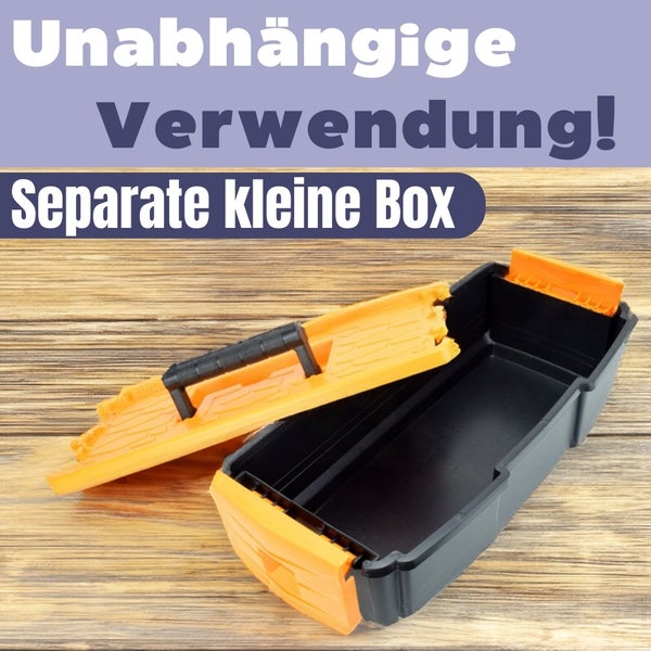 Geöffnete Werkzeugkiste mit Fächern zur Aufbewahrung von Werkzeugen und Kleinteilen