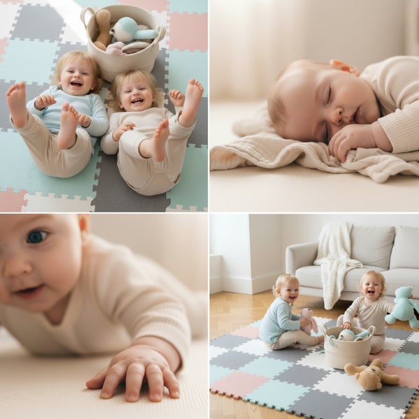 Bunte Puzzlematte aus Schaumstoff im Wohnzimmer. Weiche Spielmatte mit ineinandergreifenden Platten für Babys zum Spielen und Ausruhen.