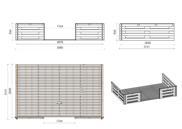 Veranda zum Gartenhaus 5x3 m - Farbe Holz