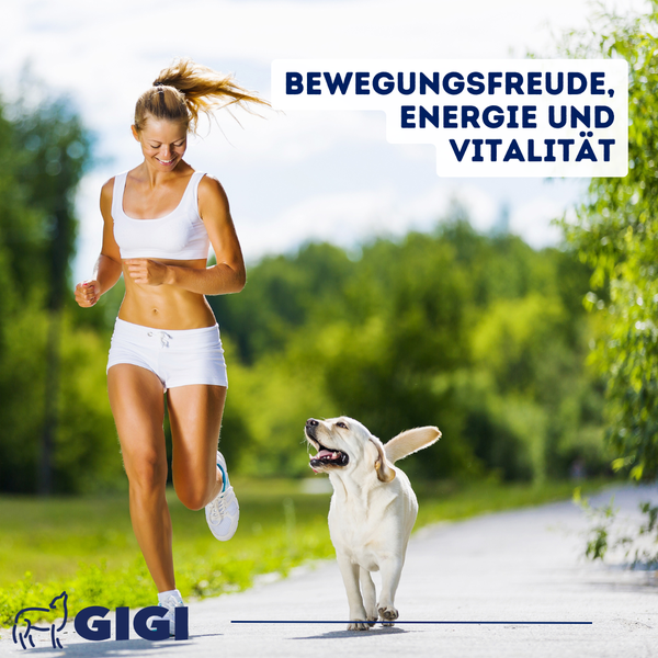 Frau joggt mit Hund. Text: Bewegungsfreude, Energie und Vitalität