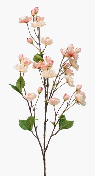 Künstlicher Blütenzweig mit rosa Blüten und grünen Blättern.