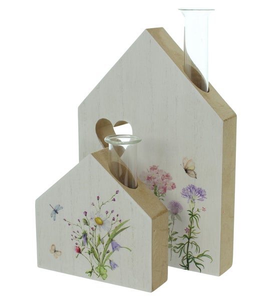 FRANK FLECHTWAREN | Haus mit Vase Blumenwiese, 2er Set, MDF, GLAS, 10 x 2,5 x 9,5 cm, 12,5 x 2,5 x 18 cm