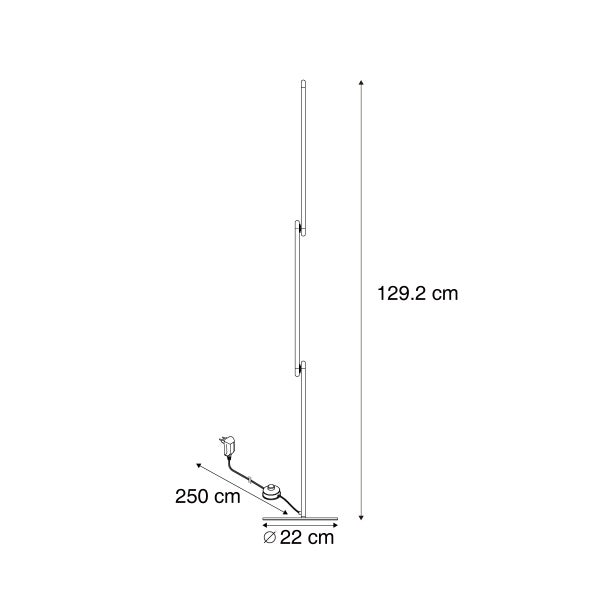 Maßzeichnung einer Stehleuchte: Höhe 129,2 Zentimeter, Fußdurchmesser 22 Zentimeter, Kabellänge 250 Zentimeter.