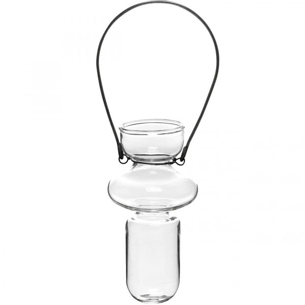 Hängende Vase oder Windlicht aus klarem Glas mit schwarzem Metallbügel und drei verschiedenen Ebenen.