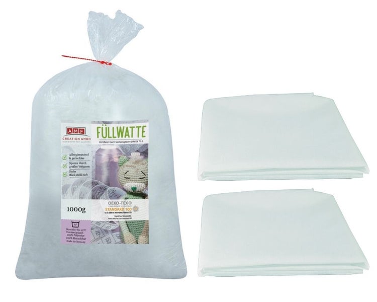 AMF Life Füllwatte, waschbar bis 95 Grad, zertifizierte Qualität, 1000g + 2x Inlett-Vlies (40g/m²) 1,1m x 2m