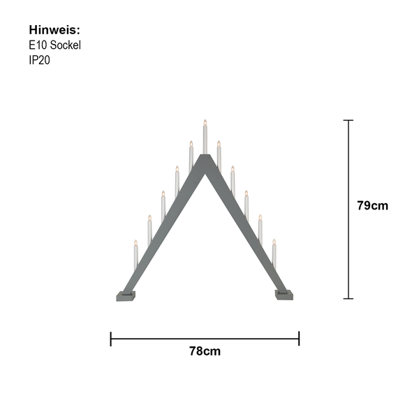 Grauer Schwibbogen mit elf Lampen, Sockel E10 und Schutzart IP20, circa 79 x 78 Zentimeter.