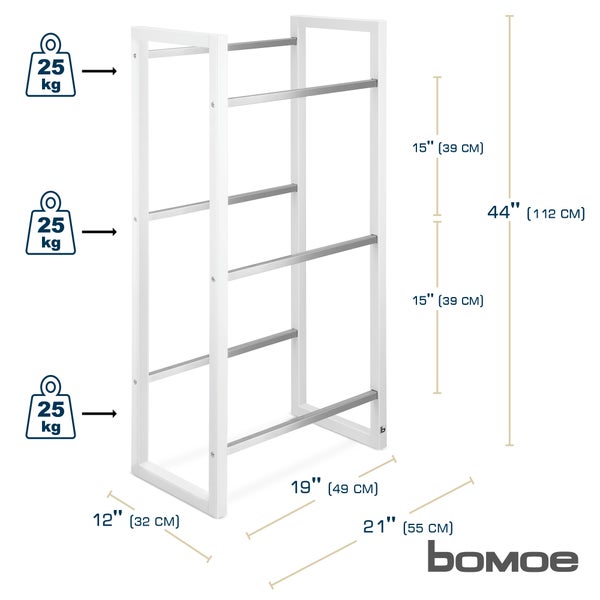 Freistehender Handtuchhalter mit vier Stangen und Maßangaben