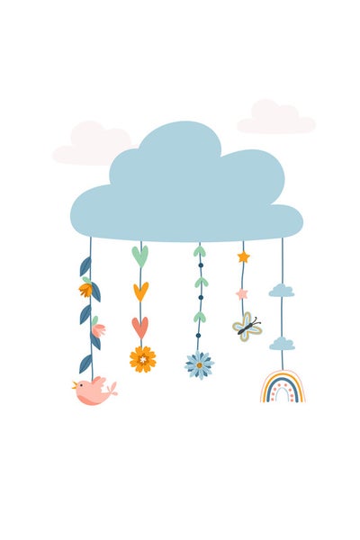 Illustration einer Wolke mit hängenden Anhängern wie Blumen, Herzen, einem Vogel, einem Schmetterling und einem Regenbogen