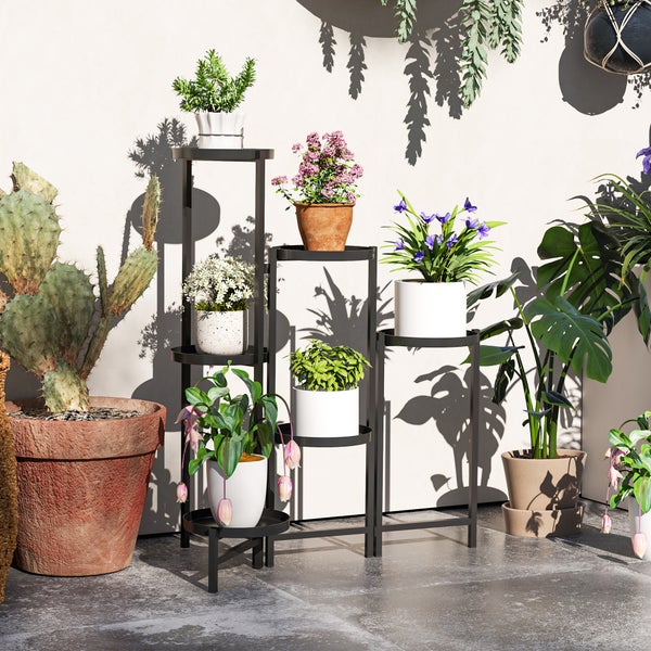 Outsunny 6-Etagen Pflanzenständer mit Tabletten, klappbar Blumenständer für Innen, Pflanzenregal aus Metall, mehrstöckig Blumenregal, 80cm hoch Blumentreppe blumensäule für Garten Balkon, Schwarz
