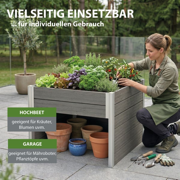 Frau arbeitet an einem Hochbeet aus Kunststoff im Garten, das im unteren Bereich Stauraum für Blumentöpfe bietet.