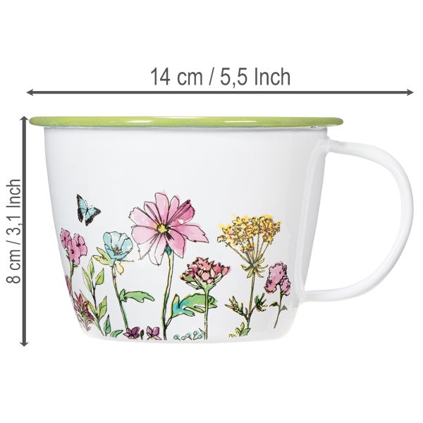 Pflanztopf in Tassenform mit Blumenmotiv und Schmetterling, Durchmesser 14 Zentimeter, Höhe 8 Zentimeter