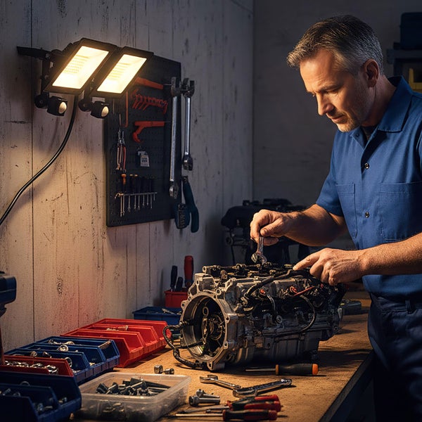 Ein Mann arbeitet an einem Motor in einer Werkstatt, die von einem zweiflammigen LED-Strahler mit Bewegungsmelder beleuchtet wird.