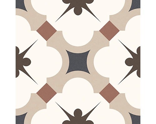 Quadratische Fliese mit geometrischem Retro-Muster in Braun, Beige und Grau.