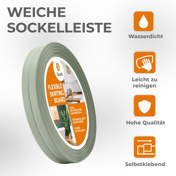 Rolle einer flexiblen, selbstklebenden Weichsockelleiste von Quest mit Symbolen für Wasserdichtigkeit, leichte Reinigung, hohe Qualität und Montage.