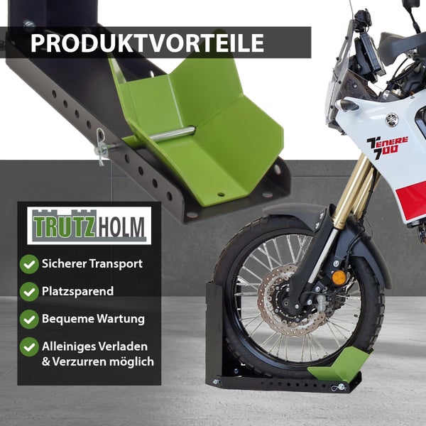 Motorradwippe Stahl 10-fach verstellbar Radgröße 8-24 Zoll Reifenbreite bis 145 mm schwarz/grün