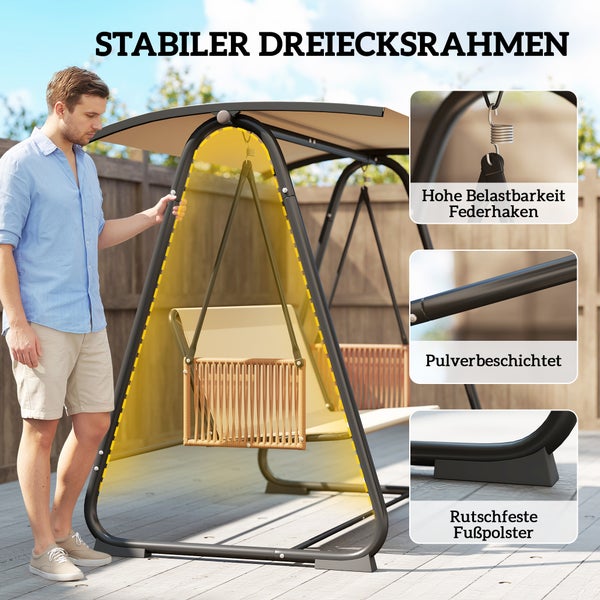 Garten-Schaukel mit stabilem Dreiecksrahmen, Sonnendach, Federhaken für hohe Belastbarkeit, pulverbeschichtetem Metall und rutschfesten Fußpolstern.