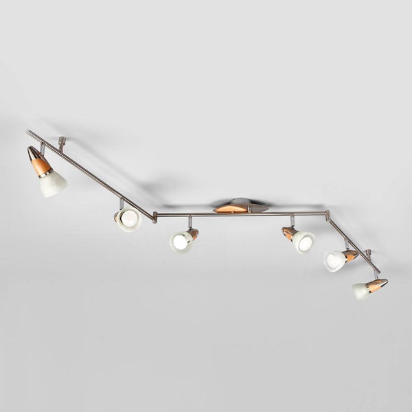 Sechsflammiges Deckenleuchten Schienensystem mit verstellbaren Spots aus Metall, Holz und mattiertem Glas.