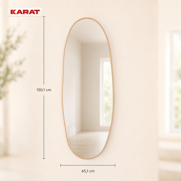 Ovaler Wandspiegel von Karat mit Holzrahmen, Abmessungen 150,1 cm mal 65,1 cm, geeignet für den Wohnbereich.