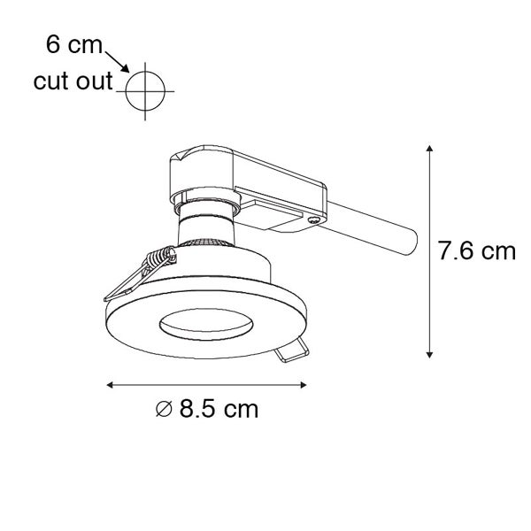 Technische Zeichnung eines Einbaustrahlers mit Maßen: Durchmesser 8,5 Zentimeter, Höhe 7,6 Zentimeter und Ausschnitt 6 Zentimeter.