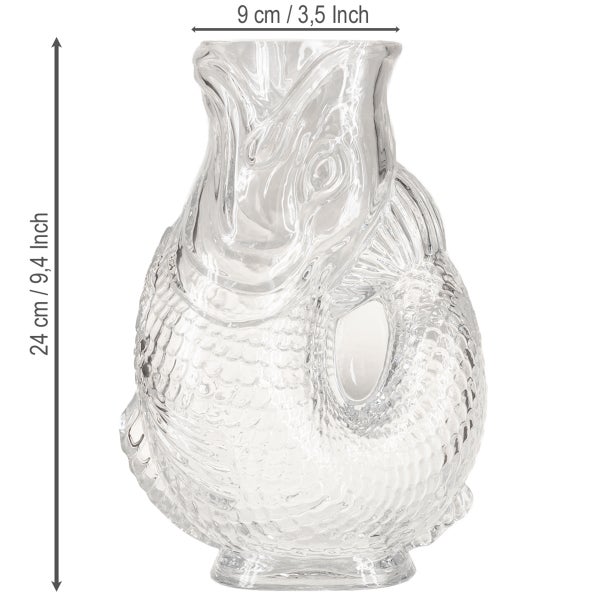 Fischförmige Vase aus klarem Glas, Höhe 24 Zentimeter, Breite oben 9 Zentimeter.