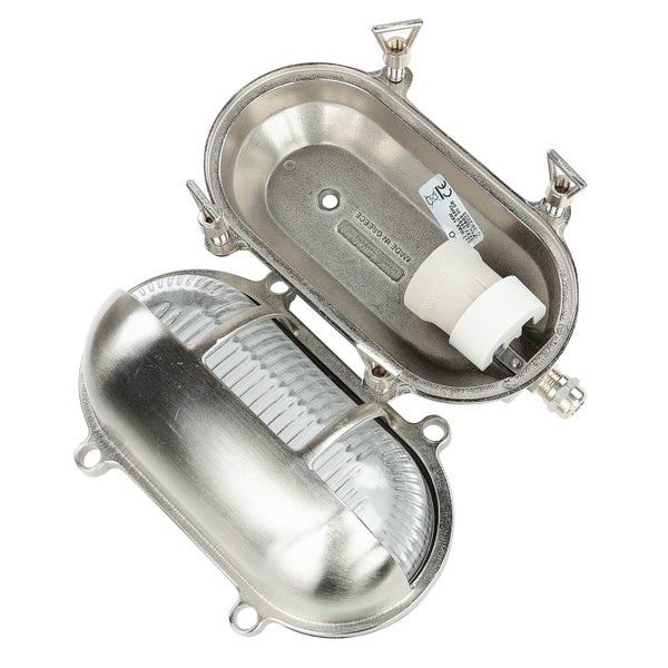 Geöffnete Schiffslampe mit Metalleinfassung und Glaskuppel für den Außenbereich