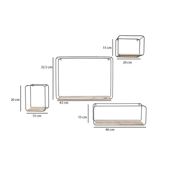 4 rechteckige Wandregale aus schwarzem Metall mit Holzregal