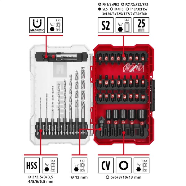 Original Einhell M-CASE 39-tlg. schlagfestes Zubehör-Set (25-mm-Bits, Metallbohrer, 60-mm-Bithalter, Steckschlüssel, Senker inkl. Aufbewahrungsbox)