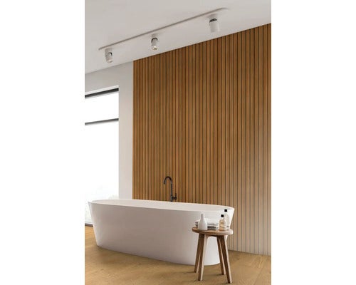 Modernes Badezimmer mit freistehender Badewanne, Holzvertäfelung und Deckenstrahlern.