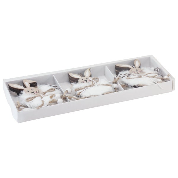 Dekorative Osterhasenfiguren aus Holz und Kunstfell im Set