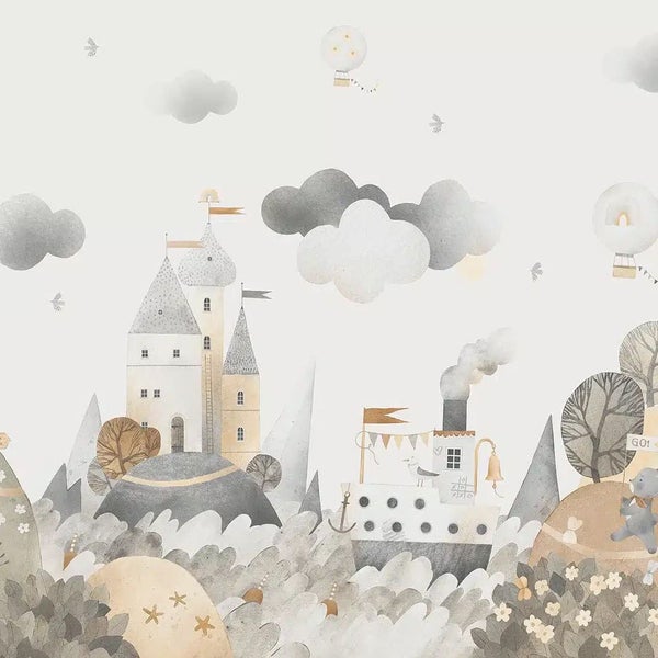 Kindertapete Vliestapete mit Illustration von Schloss, Schiff auf Wellen, Wolken und Heißluftballons im Aquarellstil.