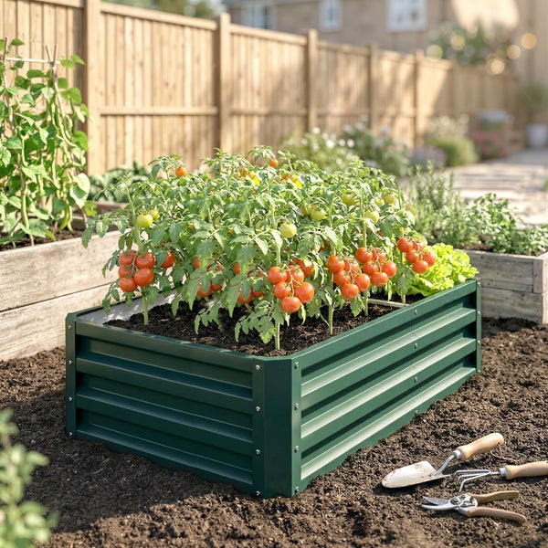 Hochbeet aus Metall in einem Garten, bepflanzt mit Tomatenstauden und umgeben von Gartenwerkzeug vor einem Holzzaun.