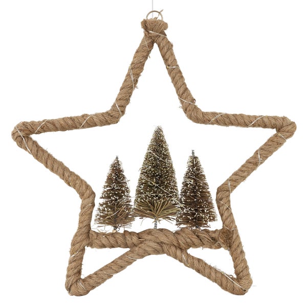 ECD Germany LED Jute Stern Ø40 cm, 50 warmweißen LEDs, Deko Weihnachtsstern mit 3 Tannen, Jutesäckchen, Batterien, Timer, Hängestern aus Seil, Lichterstern Weihnachtsbeleuchtung Weihnachtsdeko Innen