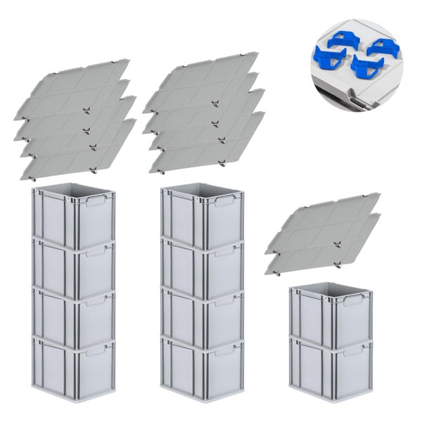 PROREGAL Spar Set 10x Eurobox Nextgen Economy Mit Auflagedeckel & 4x Schiebeschnappverschlüsse Blau Griffe Geschlossen HxBxT 32 x 30 x 40 cm 30 Liter