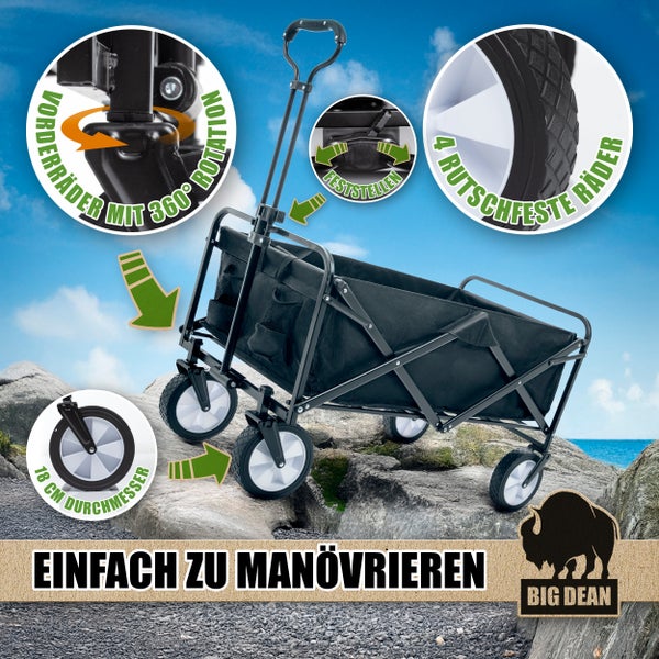 Bollerwagen mit 360 Grad drehbaren Vorderrädern, feststellbaren Rädern, rutschfesten Rädern und 18 Zentimeter Durchmesser