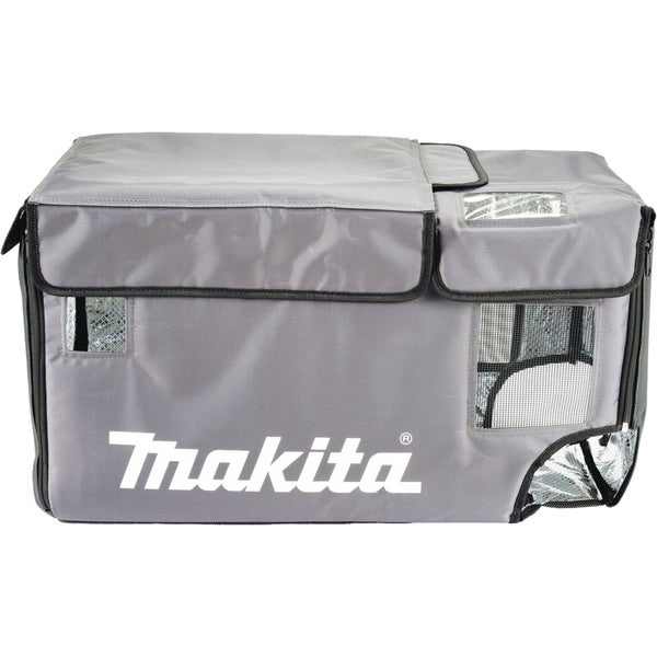 Graue Makita Thermo-Schutztasche für Kühl- und Wärmeboxen aus Textil mit Reißverschluss und Makita Logo.