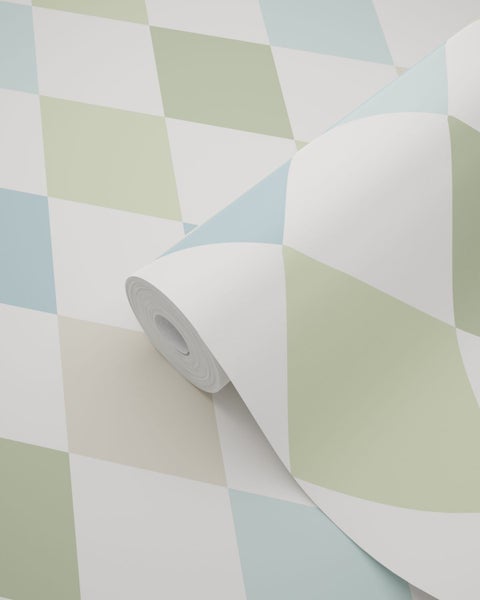 Tapete mit Harlekinmuster, geometrisches Rautenmuster, Tapetenrolle.