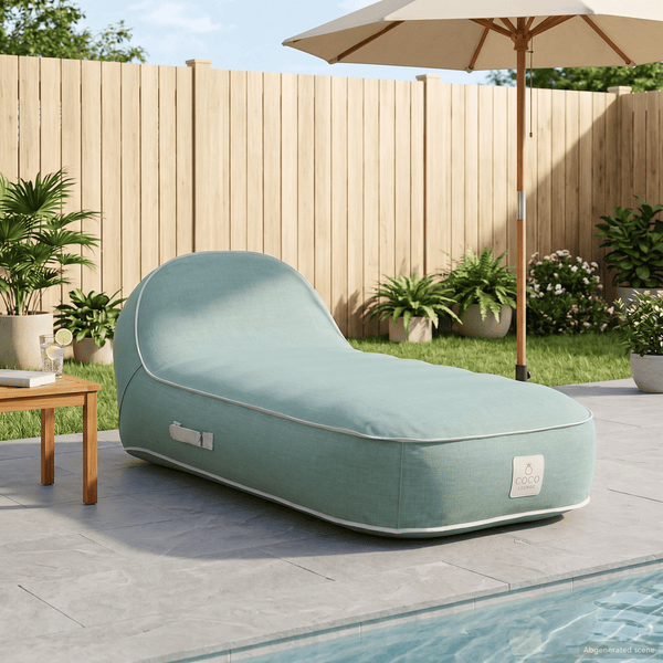 Moderner Garten-Liegesack mit Coco Lounge Logo am Pool auf einer Terrasse mit Sonnenschirm und Pflanzen vor einem Holzzaun.