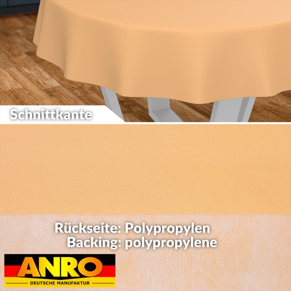 Tischdecke mit Schnittkante und Polypropylen-Rückseite, Detailansicht der Oberflächenstruktur und Rückseite. ANRO Logo.