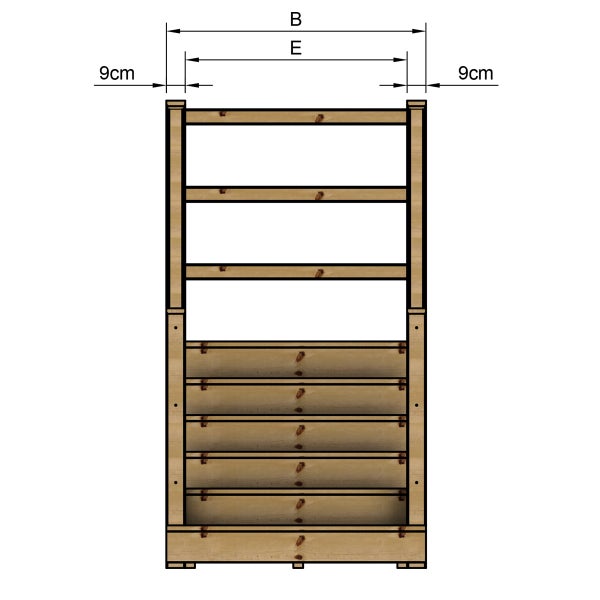 Technische Zeichnung eines Holzregals mit Maßangaben.
