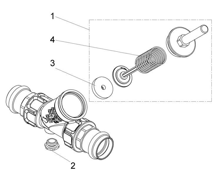 Technische Zeichnung einer Rückschlagarmatur Nennweite 25 mit nummerierter Explosionsdarstellung der Innenteile inklusive Feder und Dichtung.