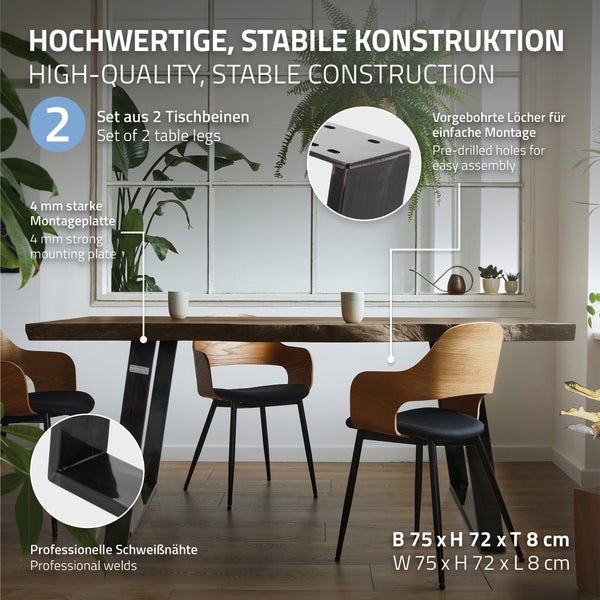 ML-Design 2er Set Tischkufen 80GRAD Neigung, 75x72 cm, Industrial, Profil 8x2 cm, Schräge Tischbeine, Metall Möbelkufen, Tischgestell Stahl geneigt, Esstisch/Schreibtisch Tischuntergestell, Möbelfüße
