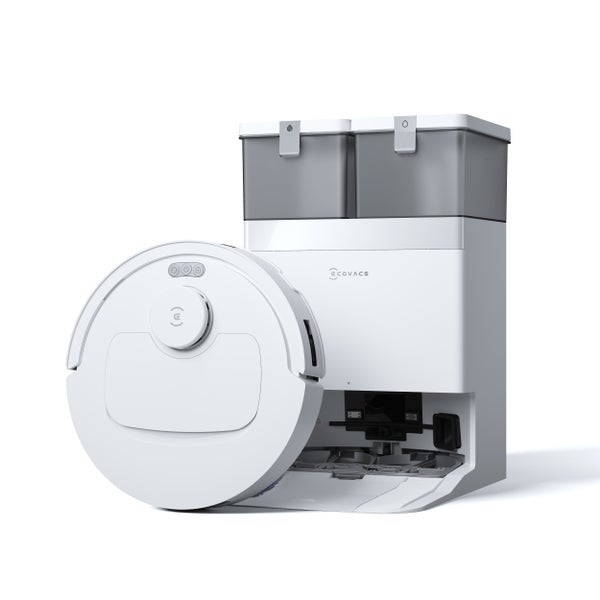 Ecovacs Saug- und Wischroboter mit automatischer Reinigungsstation und zwei Wassertanks. Ecovacs Logo.