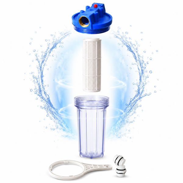 Wasserfilter mit transparentem Gehäuse für die Sichtkontrolle der Verschmutzung. ONBEST Logo.