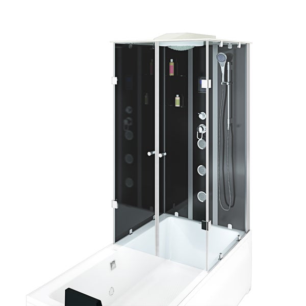 Modernes Badezimmer mit hölzernem Waschtischunterschrank, weißem Aufsatzwaschbecken und schwarzem Spiegelschrank mit Glaseinlegeböden.