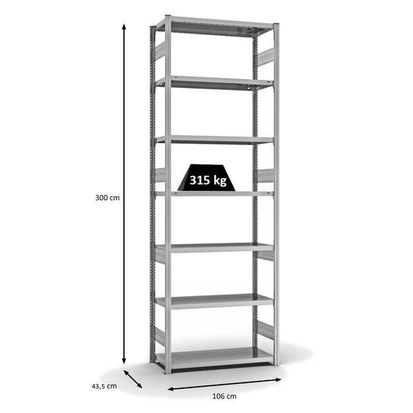 PROREGAL Fachbodenregal Stecksystem T-Profil Heavy-Duty Grundregal HxBxT 300 x 100 x 40 cm 7 Ebenen Fachlast 315 kg Beidseitig Nutzbar Verzinkt