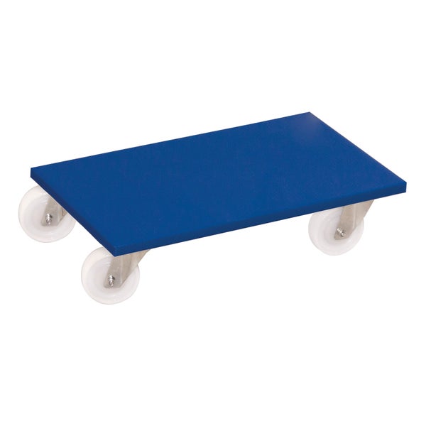 Transportroller mit blauer rechteckiger Plattform und vier weißen Lenkrollen.
