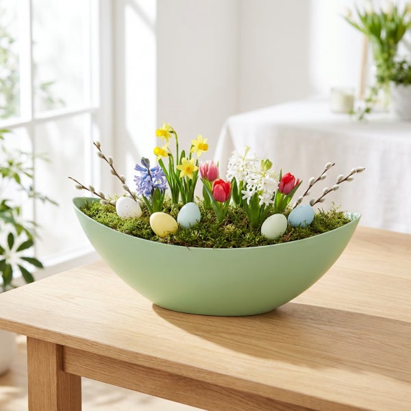 Ostergesteck in einer ovalen Schale mit Narzissen, Tulpen, Hyazinthen, Weidenkätzchen und Ostereiern auf einem Holztisch dekoriert.